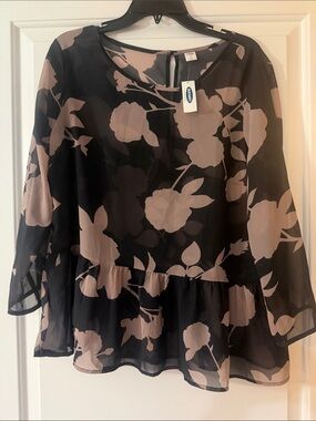 Old Navy Black and Blush Floral Peplum Blouse